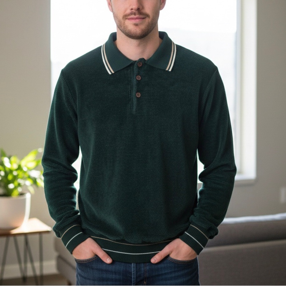Vintage Mens Weekends Forest Green Corduroy Polo Sweater Grandpacore Indiecore